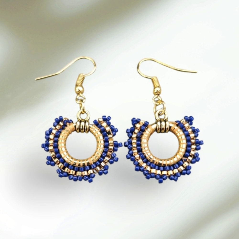 Elegant Blue and Gold Beaded Earrings Handmade